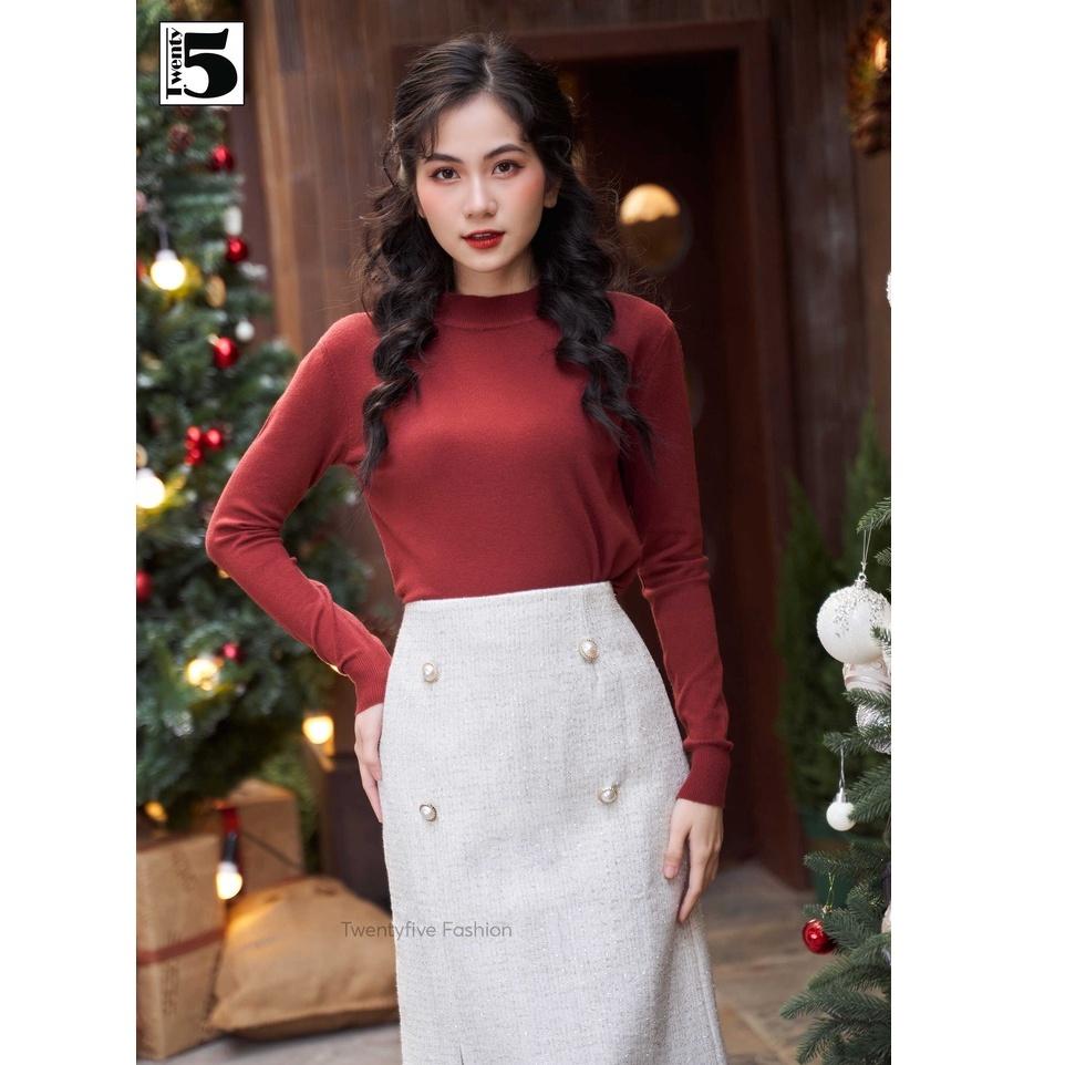 Áo len trơn nữ, dáng suông cổ cao 3cm Twentyfive 3911