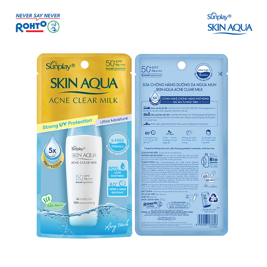 Kem chống nắng Skin Aqua cho da mụn, dạng sữa dùng hàng ngày Sunplay Skin Aqua Acne Clear Eco Việt Nam SPF 50, PA++++ 25g