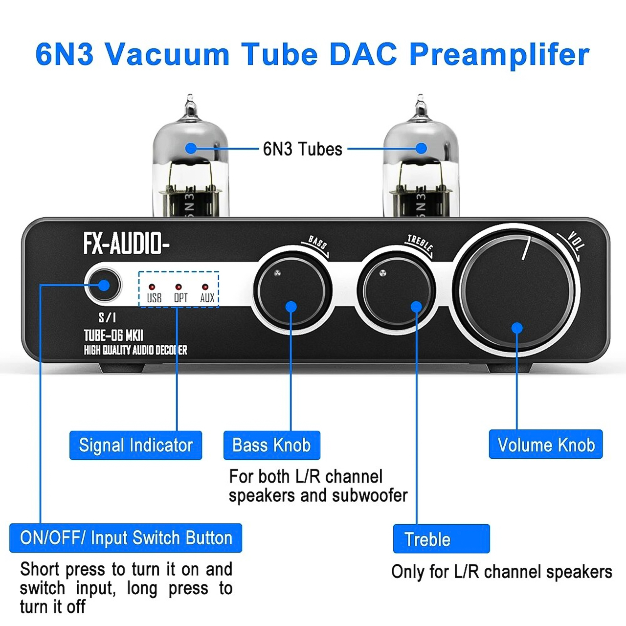 Bộ khuếch đại âm thanh Vinetteam FX-AUDIO TUBE-06 MKII với đèn 6N3 và DAC ES9018K2M - hàng chính hãng