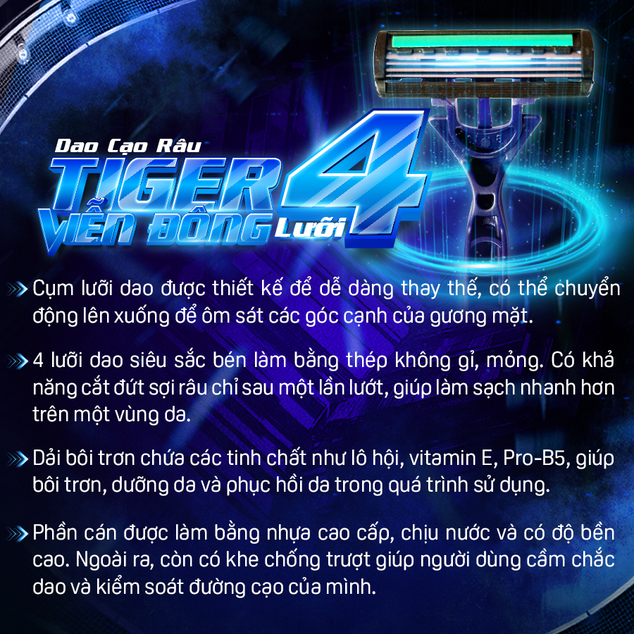 Combo dao cạo râu 4 lưỡi thay đầu Tiger Viễn Đông kèm 3 đầu lưỡi dao thay - Dải bôi trơn lưỡi dao sắc bén giảm ma sát kích ứng da - Viễn Đông Sài Gòn