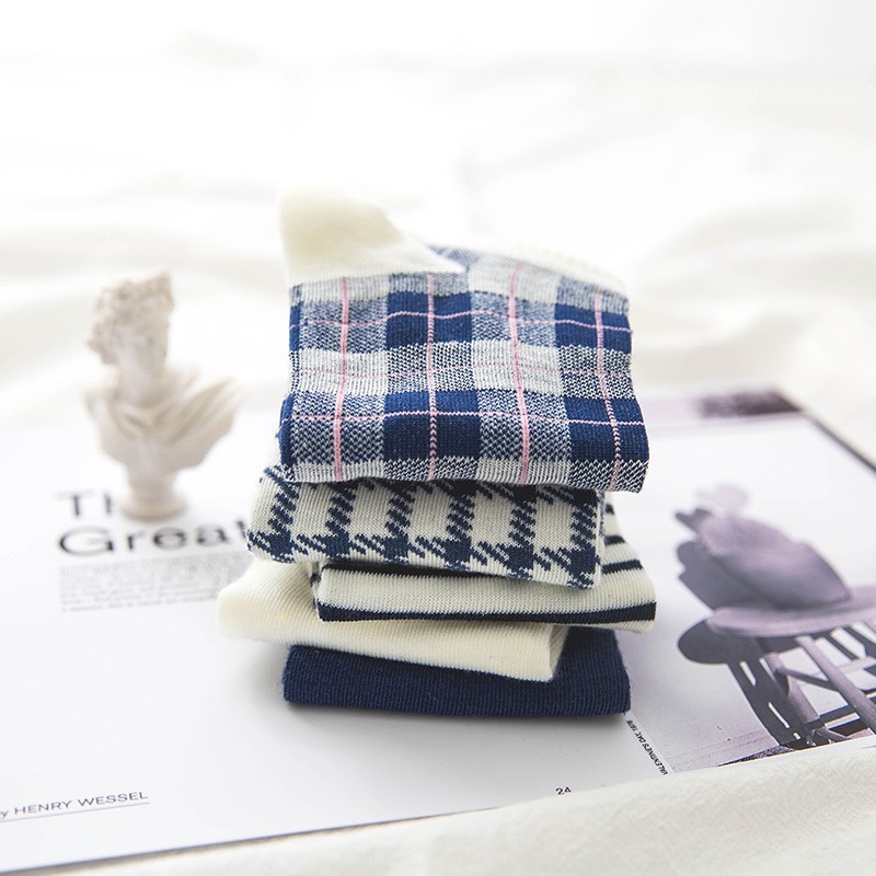 Set 5 Đôi Tất Cổ Ngắn Họa Tiết Caro Màu Sắc Tươi Sáng Kiểu Dáng Trẻ Trung TN58