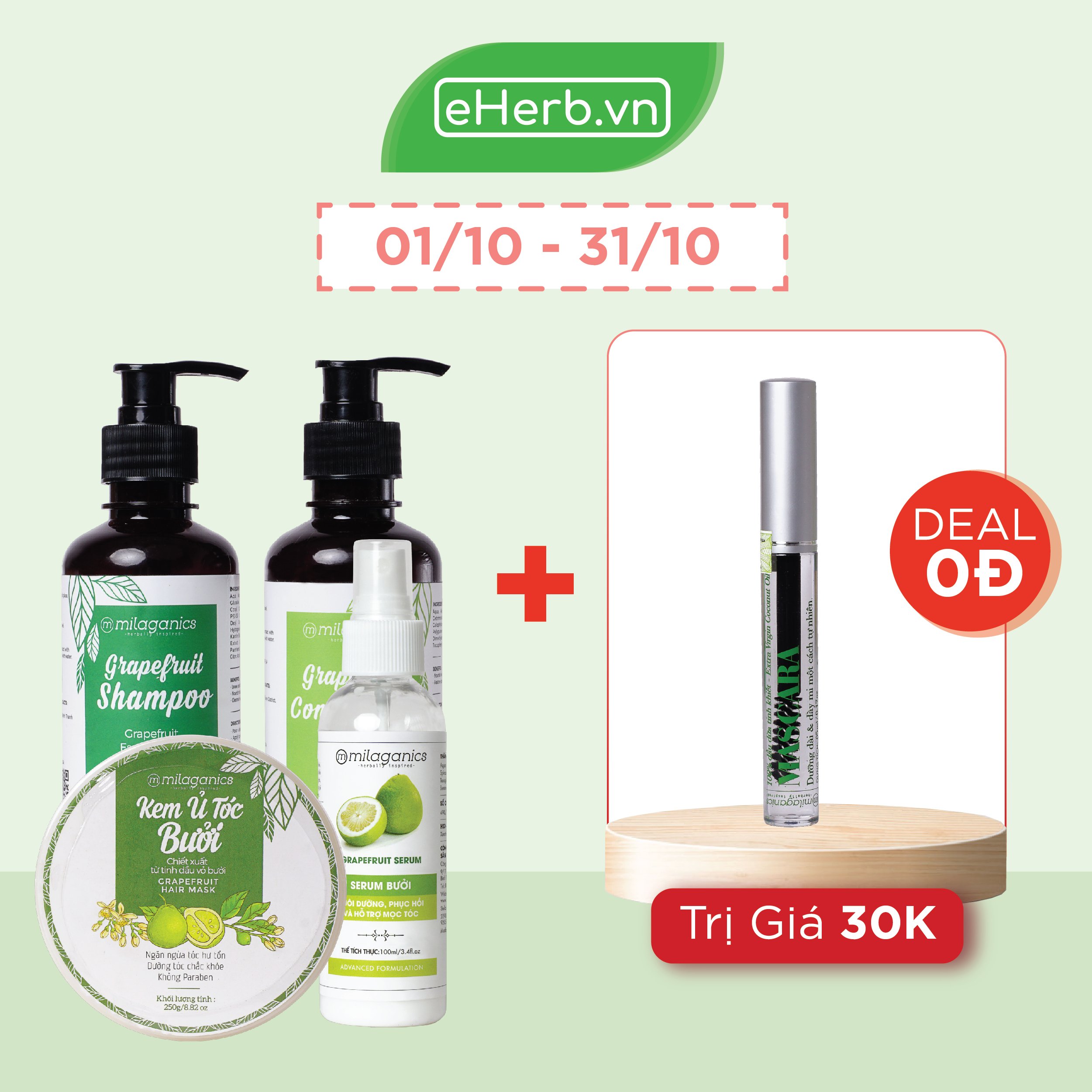 Bộ 4 Sản Phẩm Kích Thích Mọc Tóc Từ Tinh Dầu Bưởi: Dầu Gội, Dầu Xả, Kem Ủ &amp; Serum Bưởi MILAGANICS (850ml/ Bộ)