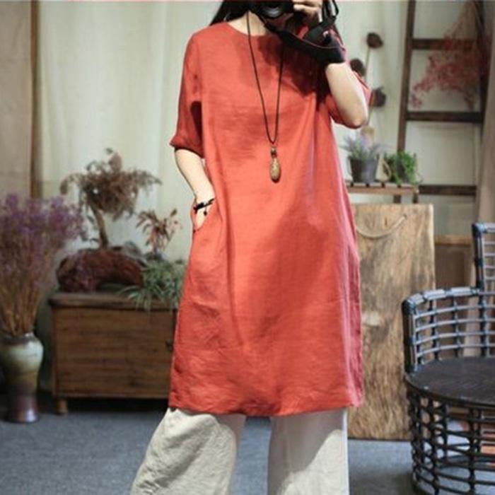 Đầm suông linen cổ tròn cơ bản trẻ trung không kén dáng mặc