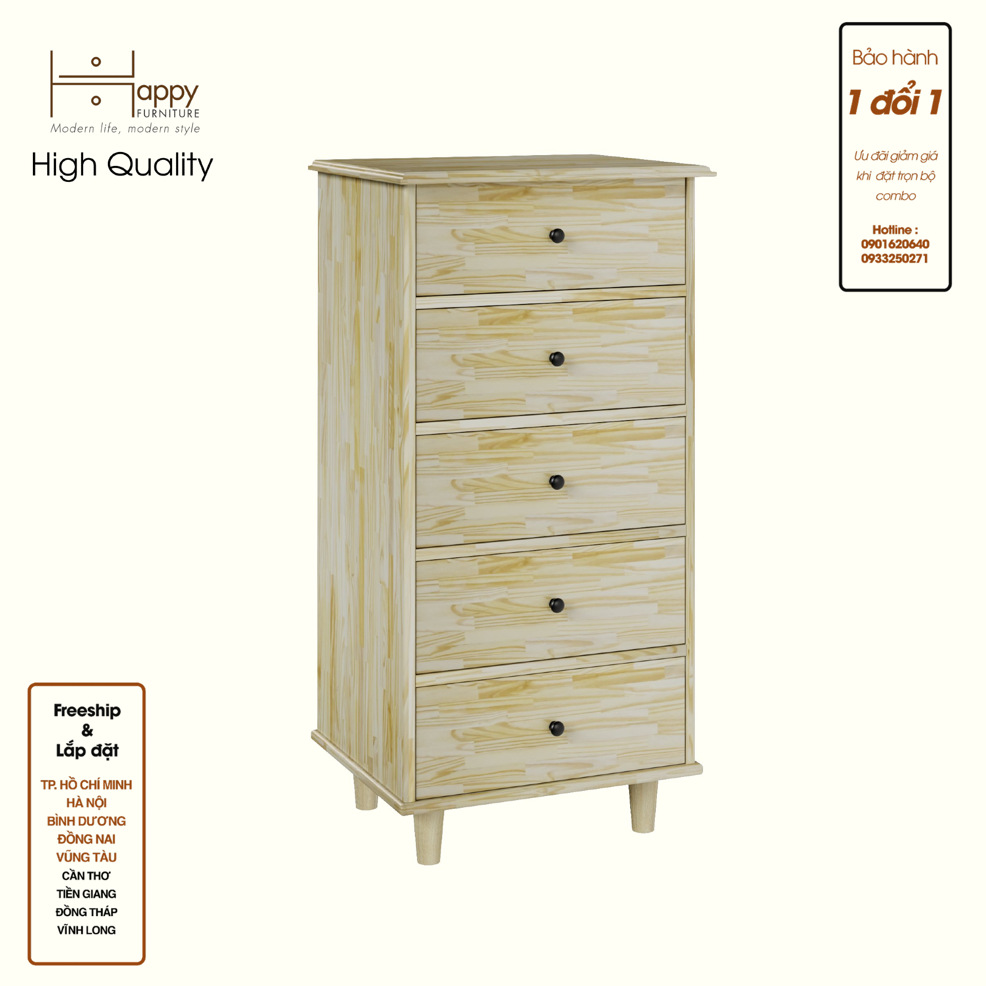 Hình ảnh HAPPY FURNITURE , Gỗ tự nhiên , Tủ lưu trữ 5 ngăn kéo - FARAH , THK_180 , 55cm x 45cm x 110cm