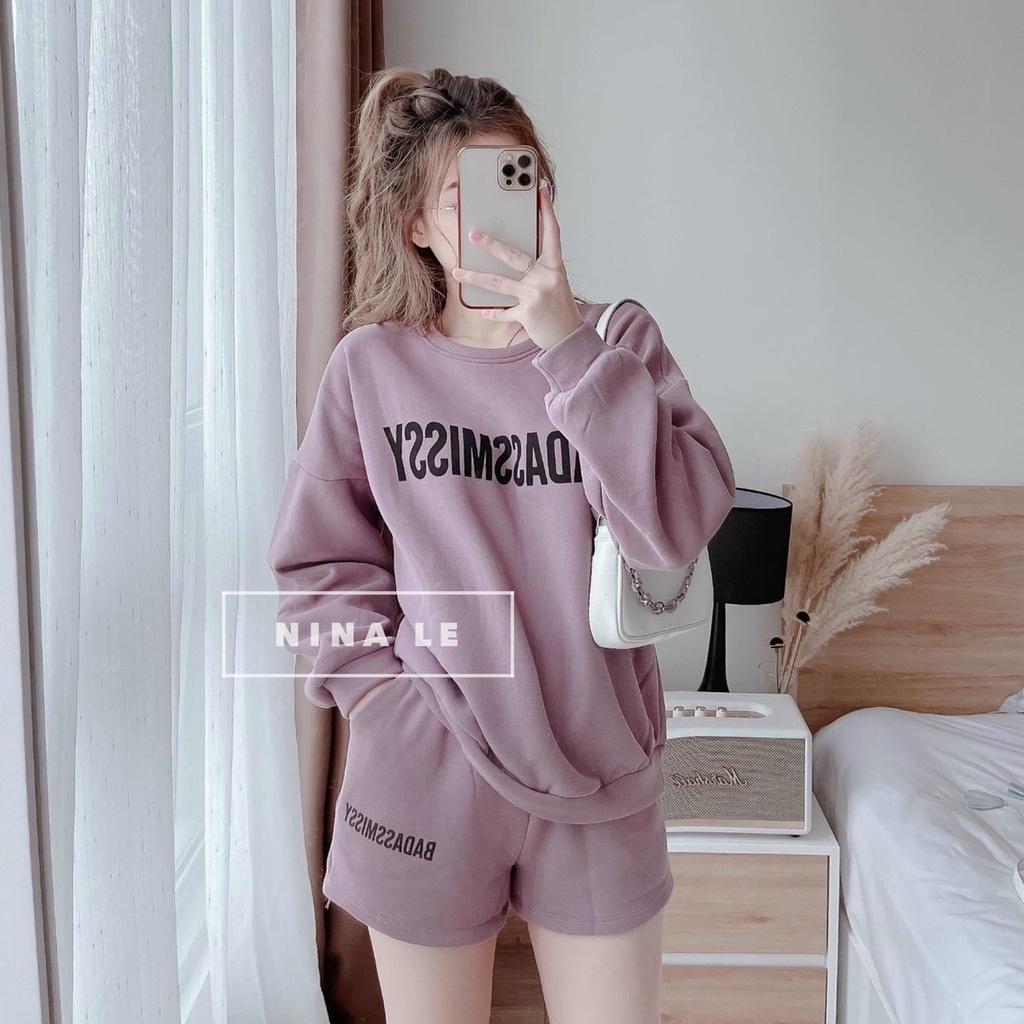 Sét bộ nỉ bông nữ áo tay dài in họa tiết chữ phối quần short xinh xắn, trẻ trung phù hợp cho nàng dạo phố siêu sang