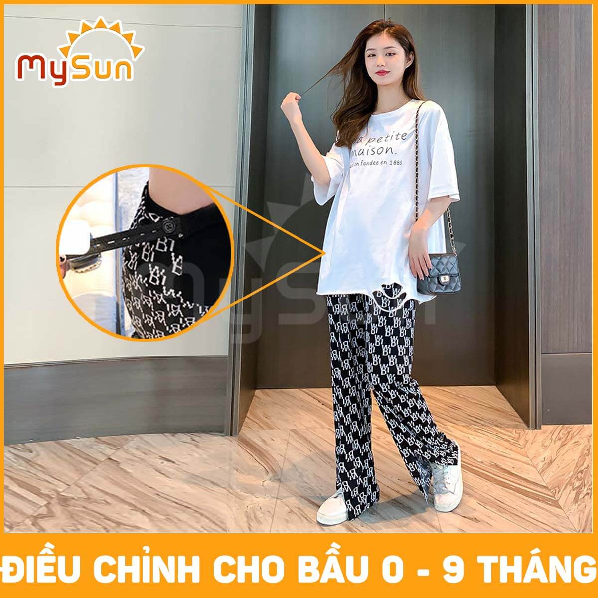 Quần dài công sở ống rộng karo lưng thun dành cho bà bầu mặc đẹp