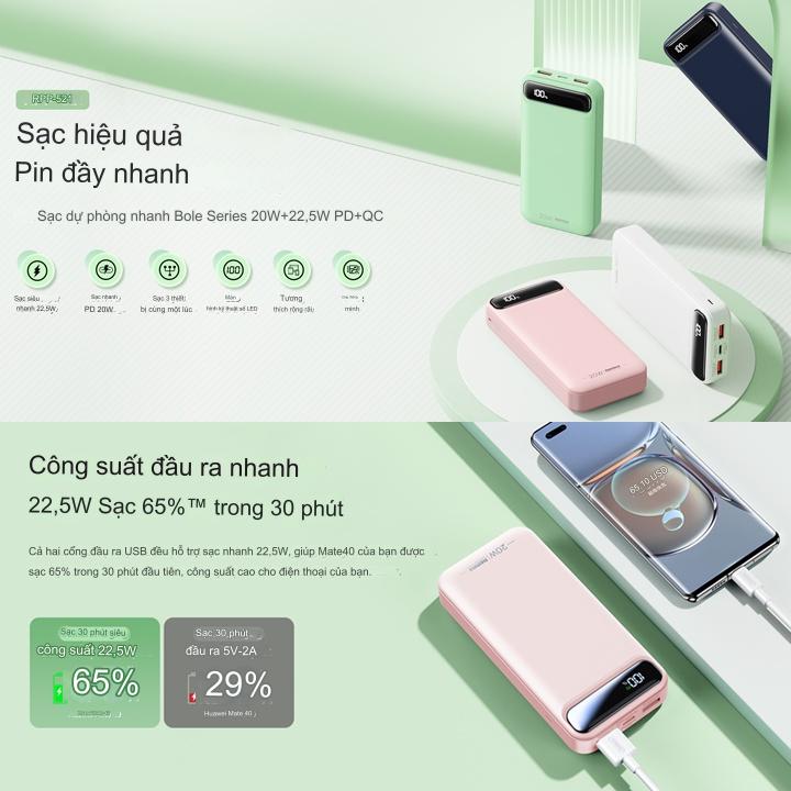 Pin dự phòng 20000mAh Remax RPP-521 sạc nhanh Bole Series QC 22.5W và PD 20W - tích hợp 2 input 3 output - Hàng chính hãng