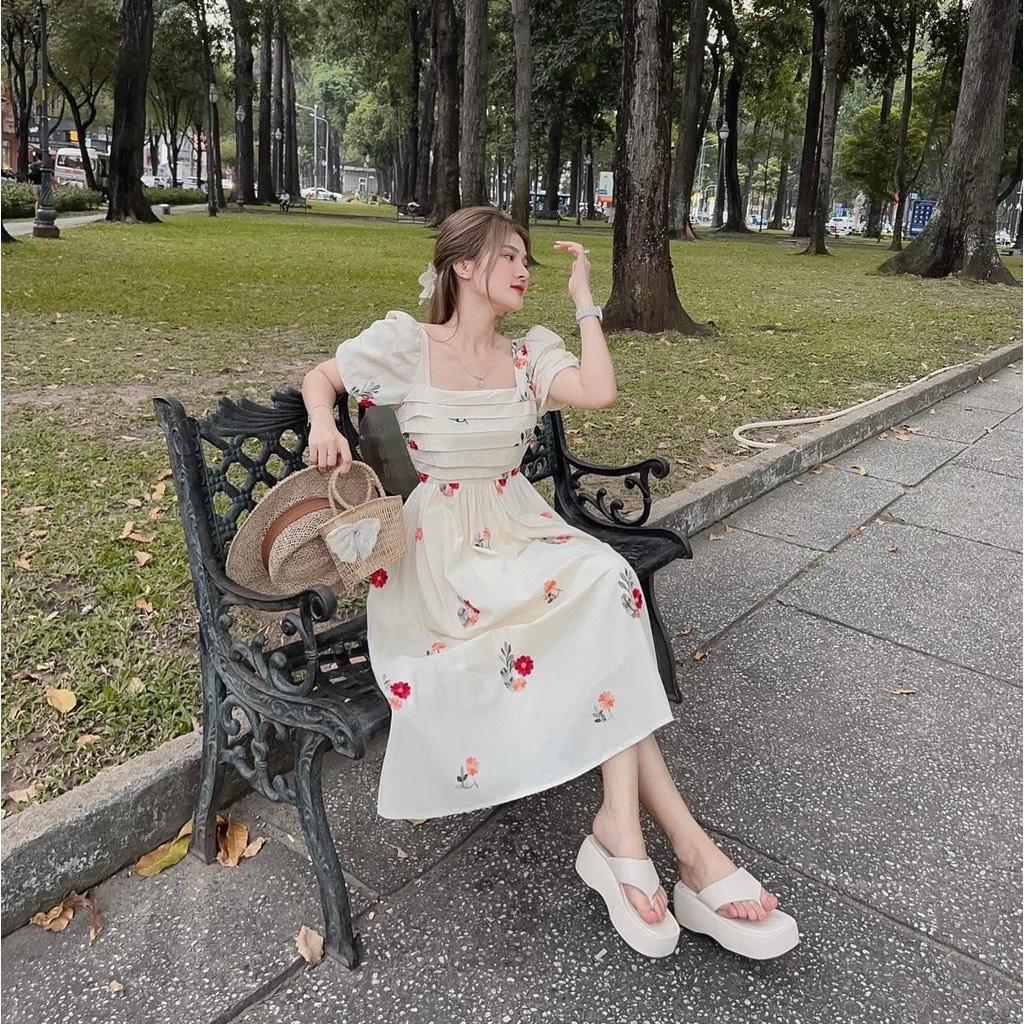 ĐẦM ĐI CHƠI, ĐẦM XÒE DÁNG DÀI CỔ VUÔNG CÚP NGỰC TAY NGẮN PHỒNG CỰC XINH