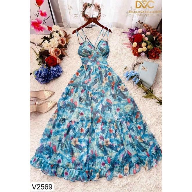 Đầm maxi hoa xanh hai dây dự tiệc hoặc đi biển mẫu có mút ngực thời trang nữ thiết kế phù hợp mọi phong cách