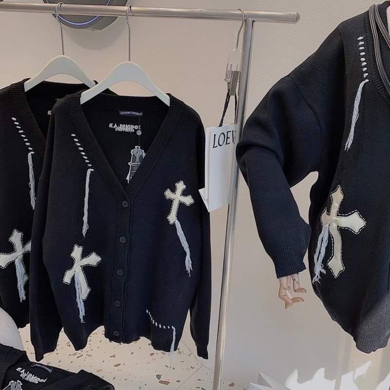 Áo cardigan len Nam Nữ Dệt Kim Thêu Chữ Thập, Áo Khoác Mùa Đông Unisex