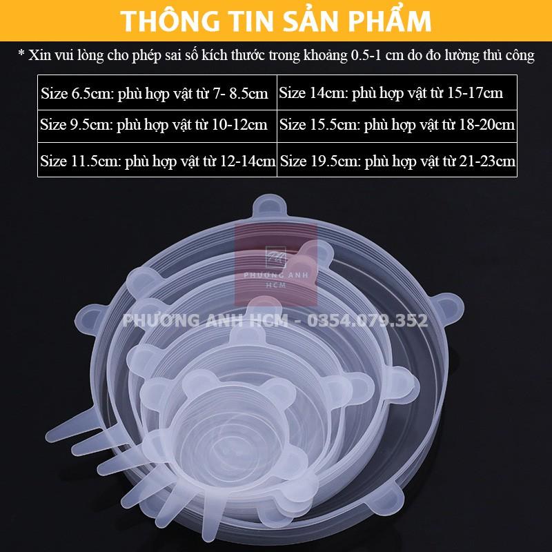 BỘ 6 NẮP ĐẬY THỰC PHẨM SILICONE - Màng Bọc Thực Phẩm Silicon Che Thức Ăn, Hoa Quả