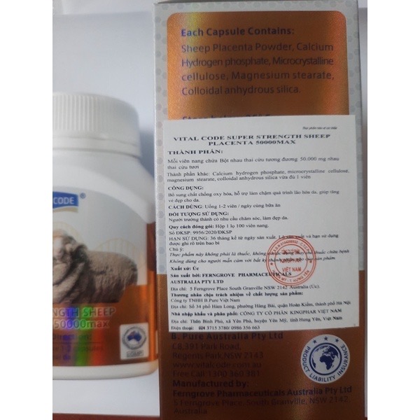 Viên uống nhau thai cừu Vital code Super Strength sheep placenta 50000 Max, lọ 100 viên, nhập khẩu Úc