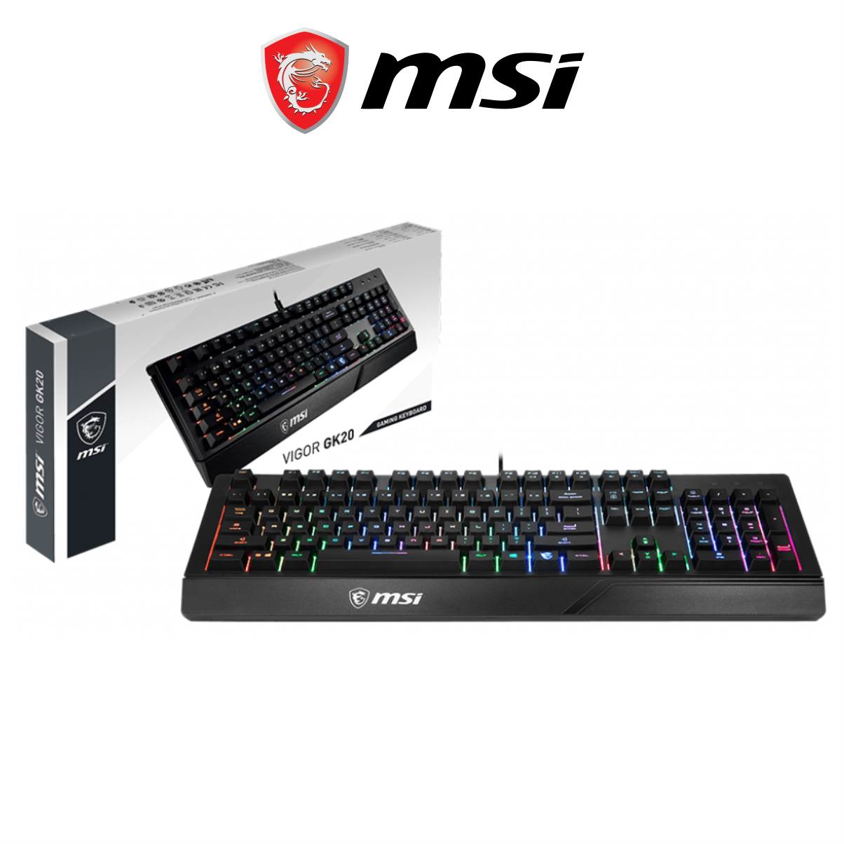 Bàn Phím Gaming MSI Vigor GK20 US Đèn LED RGB, Dây Cắm USB Dài 1.8M - Hàng Chính Hãng