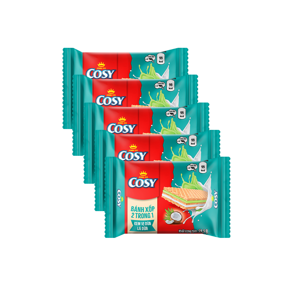 Combo 5 Bánh Xốp Cosy 2 trong 1 – Kem Vị Dừa Lá Dứa, gói 59.5g