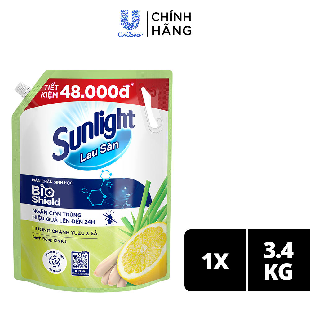 Nước Lau Sàn Sunlight BIOSHIELD Ngăn Côn Trùng Hiệu Quả Hương Chanh Yuzu &amp; Sả Túi 3.4KG