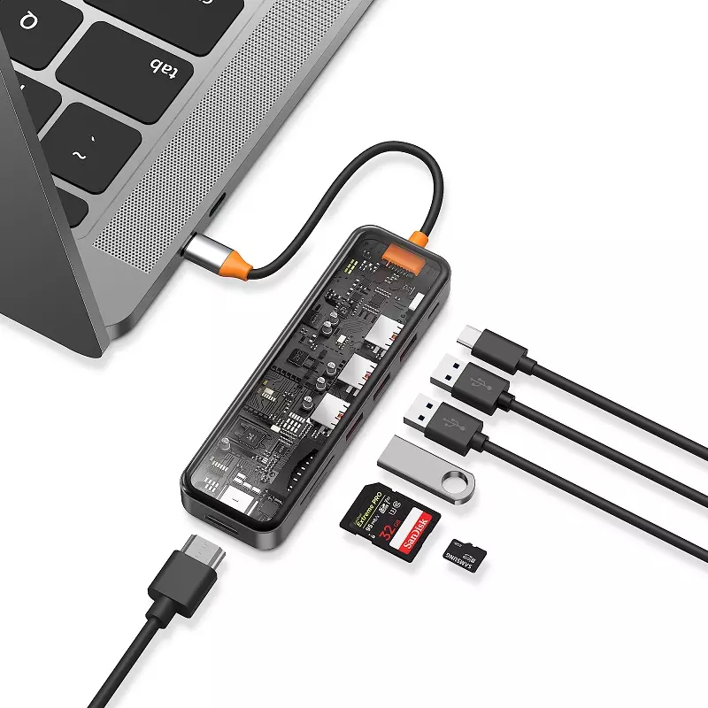 Hub USB-C 8in1 Trong Suốt WIWU Cyber USB 3.0, SD/TF, HDMI, PD Hàng Chính Hãng