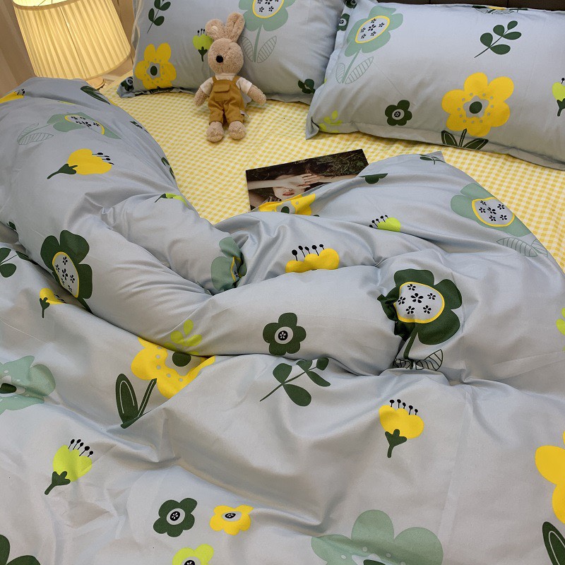 Bộ chăn ga gối cotton PL1 - Hoa Xanh - TẶNG 01 MÓC KHÓA HOUSTON