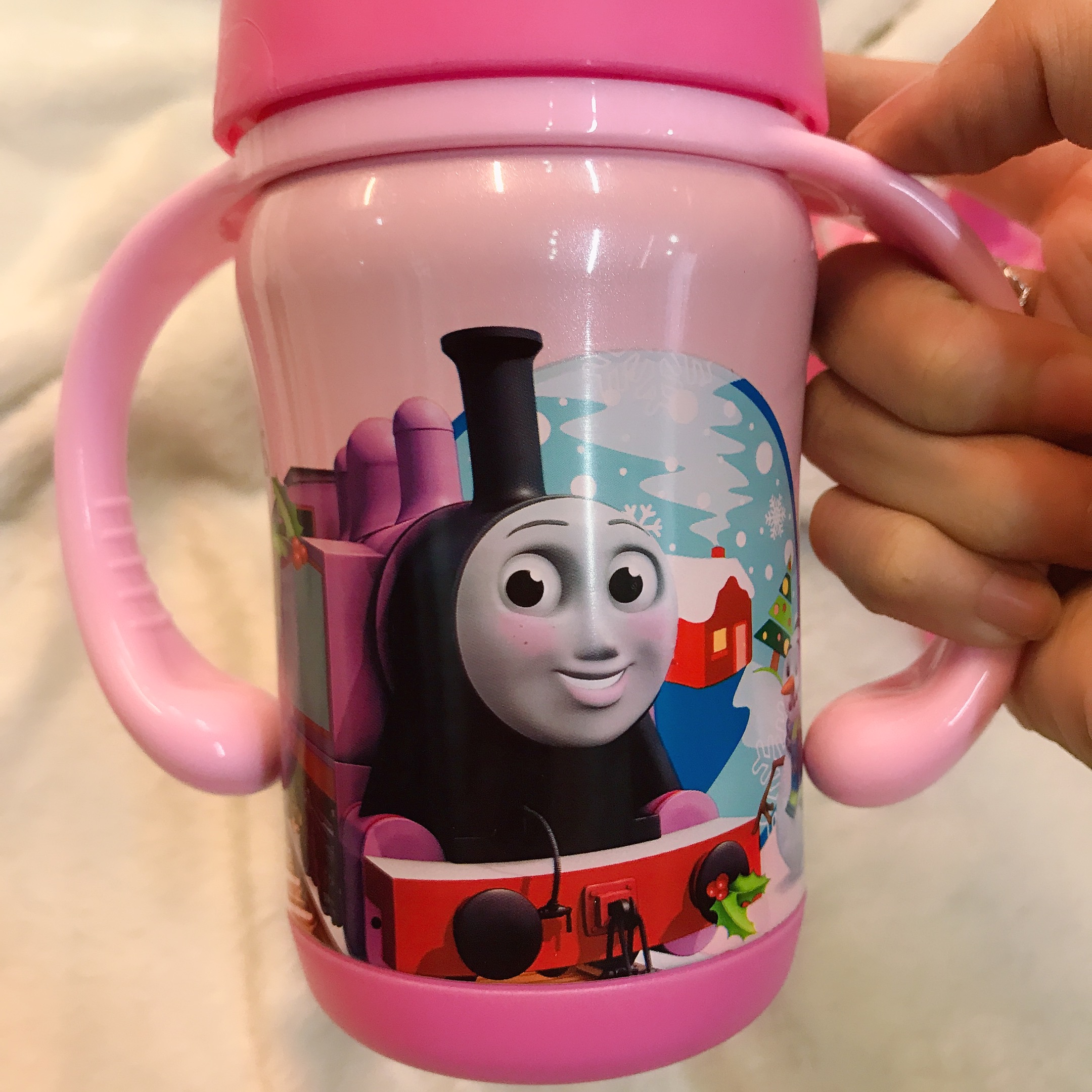 Bình nước giữ nhiệt 2 quai cầm kèm 2 nắp thay hình xe lửa Thomas màu hồng nhạt cho trẻ em, bé trai  - TM4506-HN