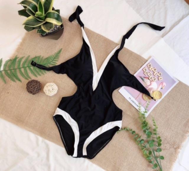  Bikini 1 mảnh cut out đen viền trắng sang chảnh