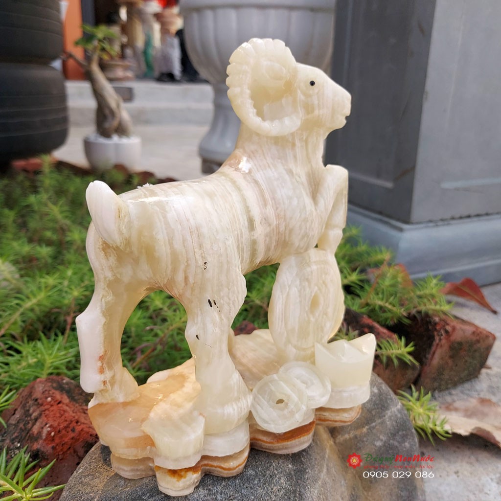 Tượng dê đồng tiền 12 con giáp phong thủy đá ngọc Pakistan 17cm đá Non Nước