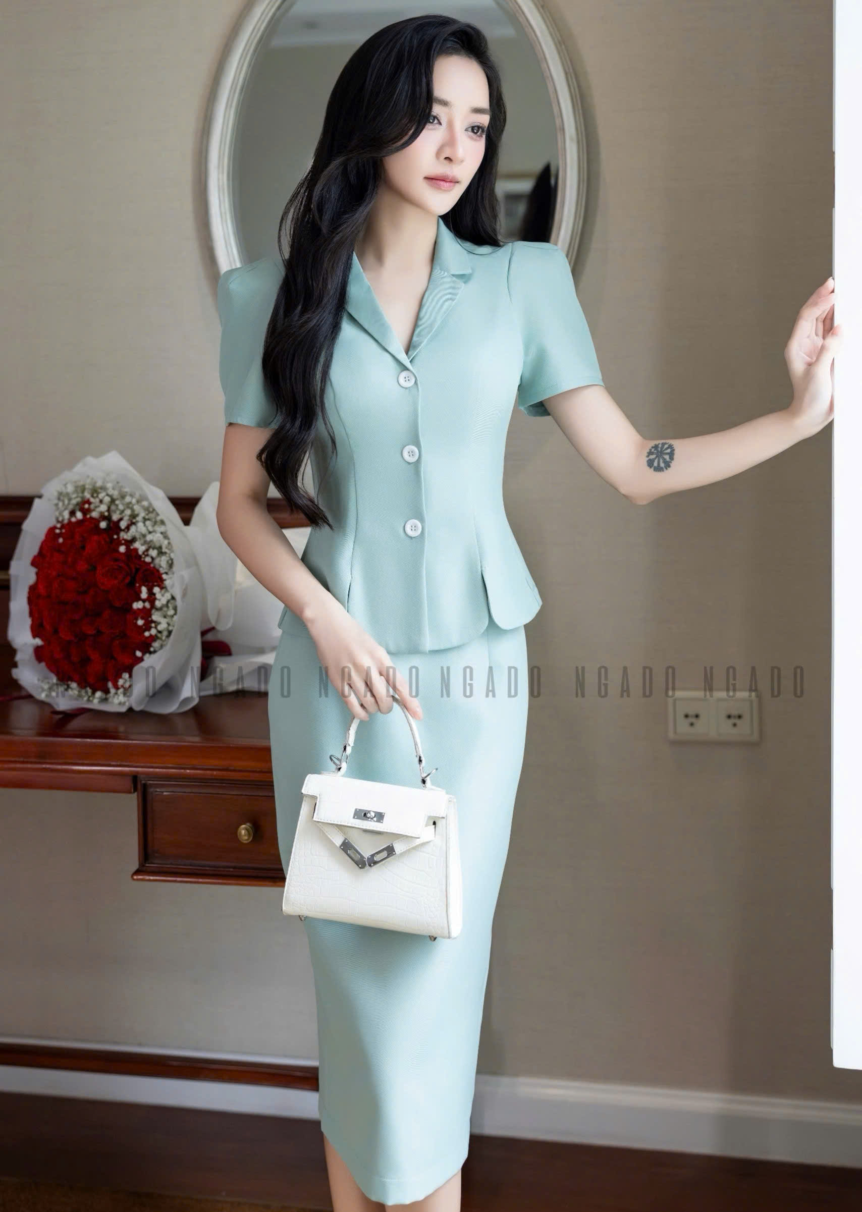 Set áo váy xanh mint bút chì NGADO , set áo váy dài , set công sở