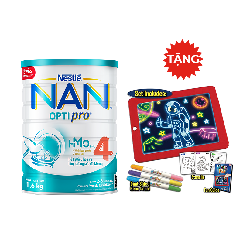 Sữa Bột Nestlé NAN OPTIPRO HM-O 4 1.6kg - Tặng Bảng vẽ phát sáng Magic Pad