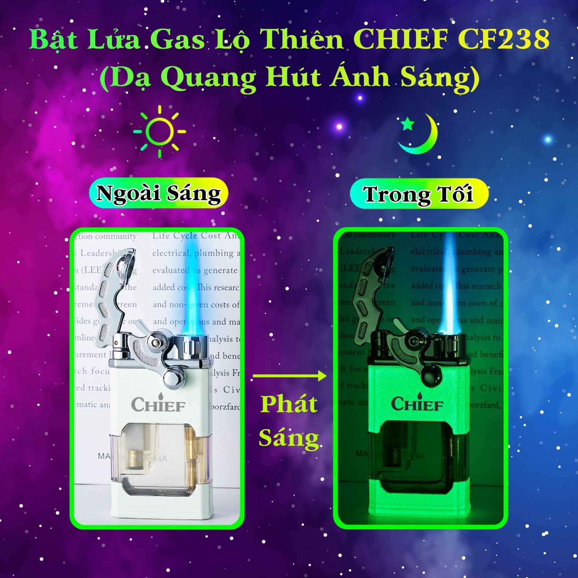 Hộp quẹt bật lửa khè gas lộ thiên Chief búng tay đánh lửa CF238 (dạ quang hút ánh sáng) - (xài gas)