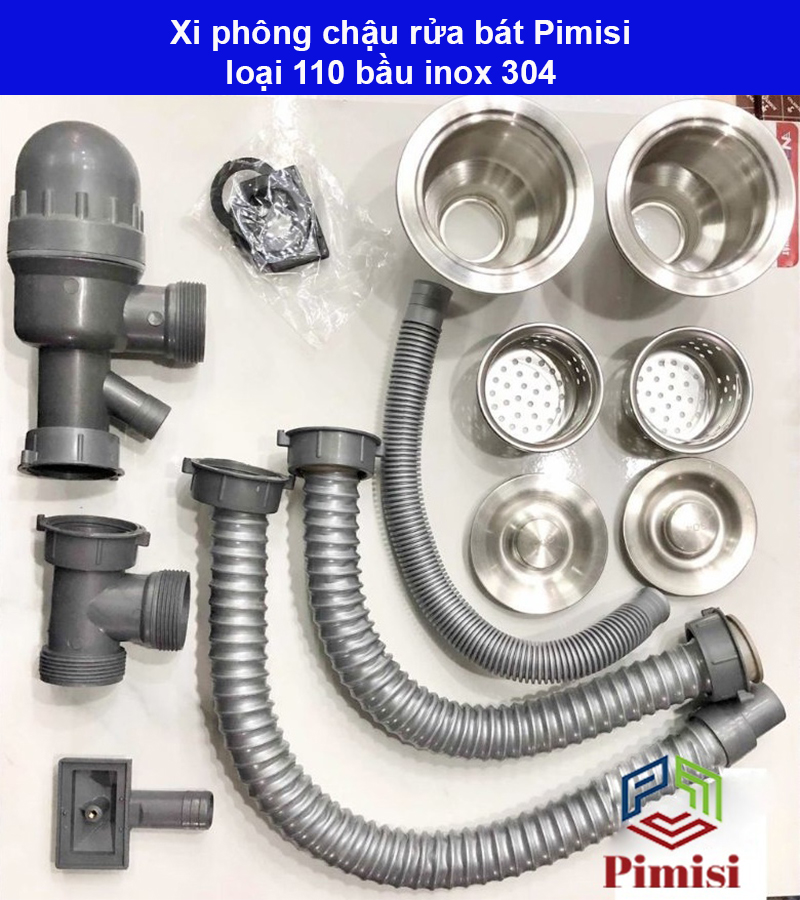 Bộ xi phông chậu rửa bát 2 hố phi 110 inox 304 Pimisi dùng để xả nước chậu rửa chén 2 hộc - có đầu thoát tràn | Hàng chính hãng