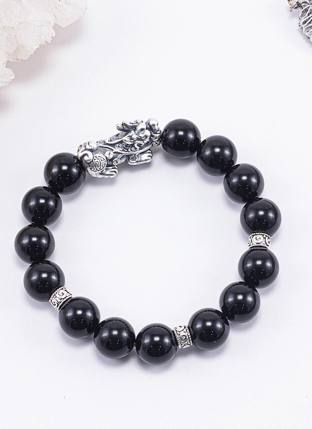 Vòng Tay Phong Thủy Đá Obsidian Phối Charm Tỳ Hưu Bạc  Mệnh Thủy, Mộc Ngọc Quý Gemstones