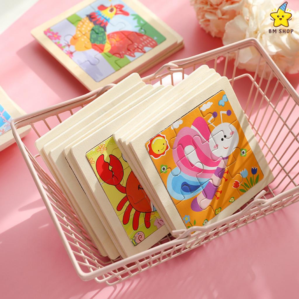 Tranh xếp hình, ghép hình gỗ 2D, 9 miếng, mẫu động vật vườn nhà BM chất liệu an toàn cho bé
