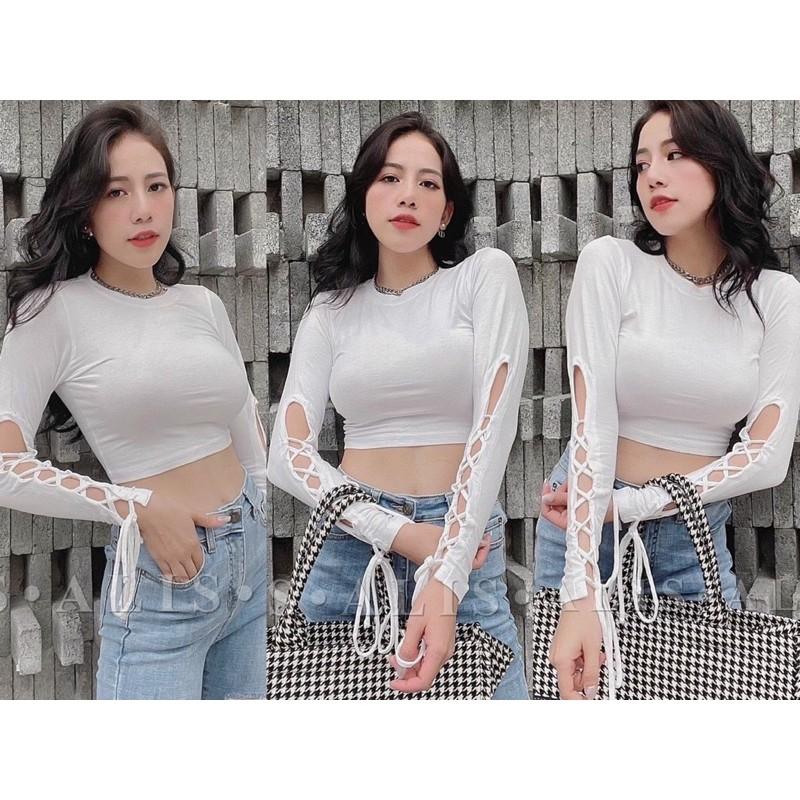 Áo Thun Croptop Nữ Kiểu Tua Đan Dây Dài Tay Ôm Body_ Áo Crop Top Crt Tay Dài Đan Dây Tay Dài Cổ Tròn Màu Trắng, Đen