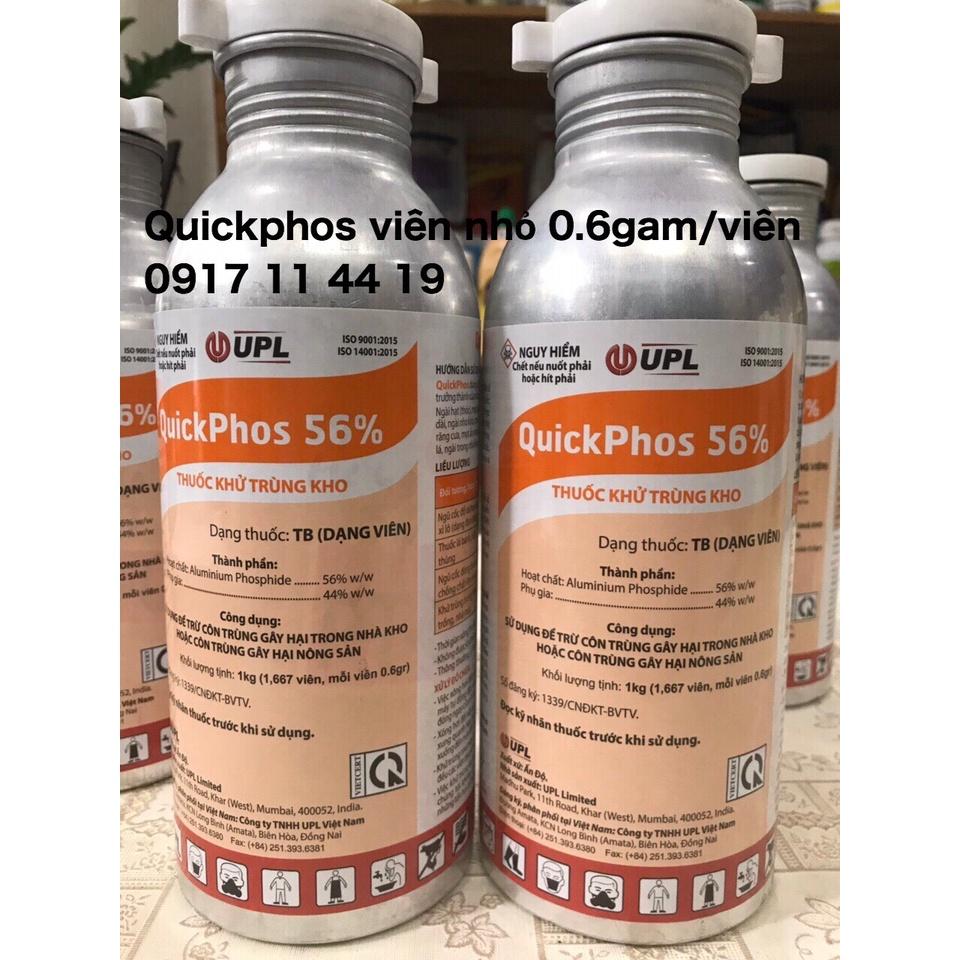 Sản phẩm khử trùng, diệt mọt nông sản Quickphos 56% xuất xứ Ấn Độ, dạng viên nhỏ 0.6 gam, trọng lượng chai 1kg (có 1.667