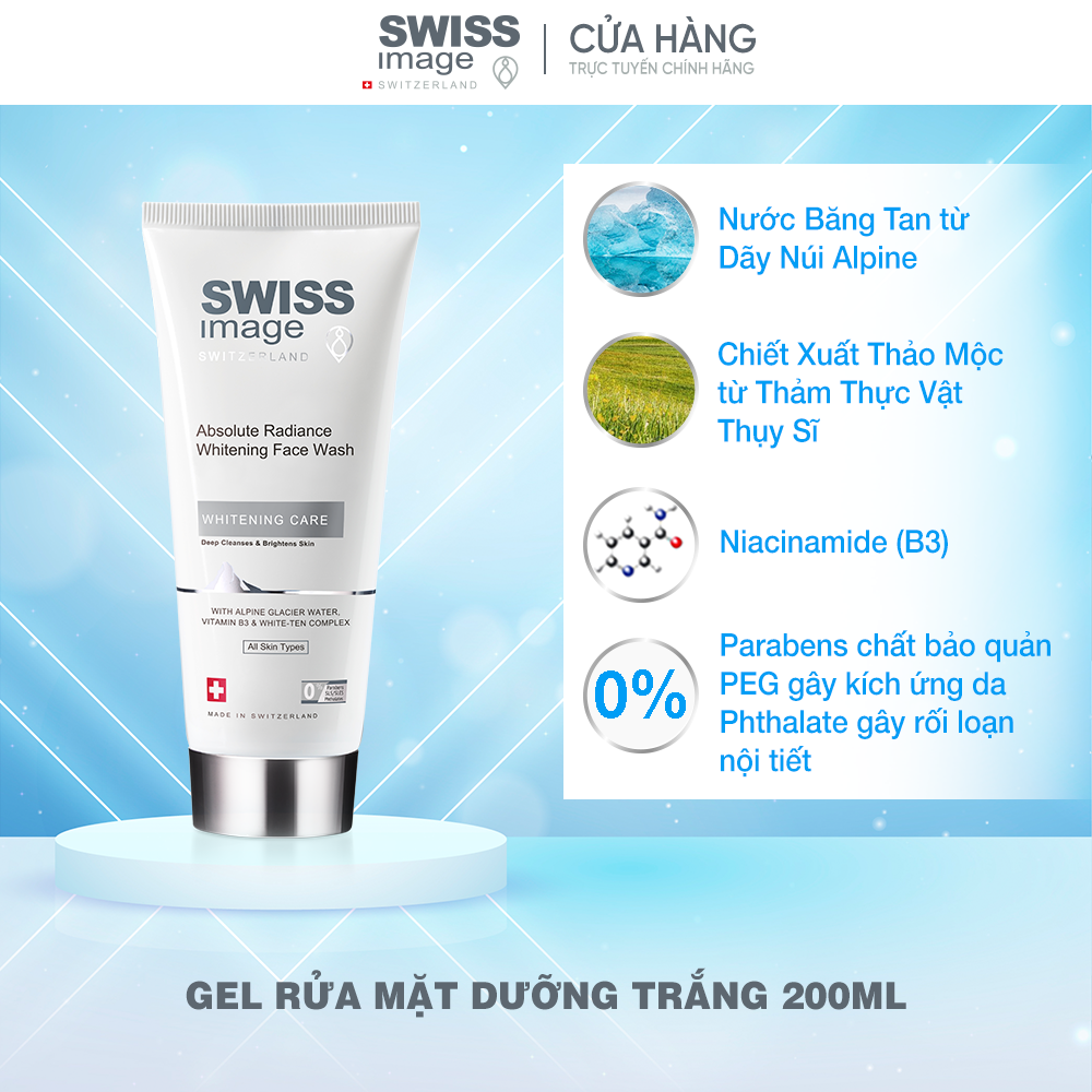 Bộ đôi dưỡng trắng Swiss Image gel rửa mặt và kem dưỡng trắng ban ngày dành cho mọi loại da