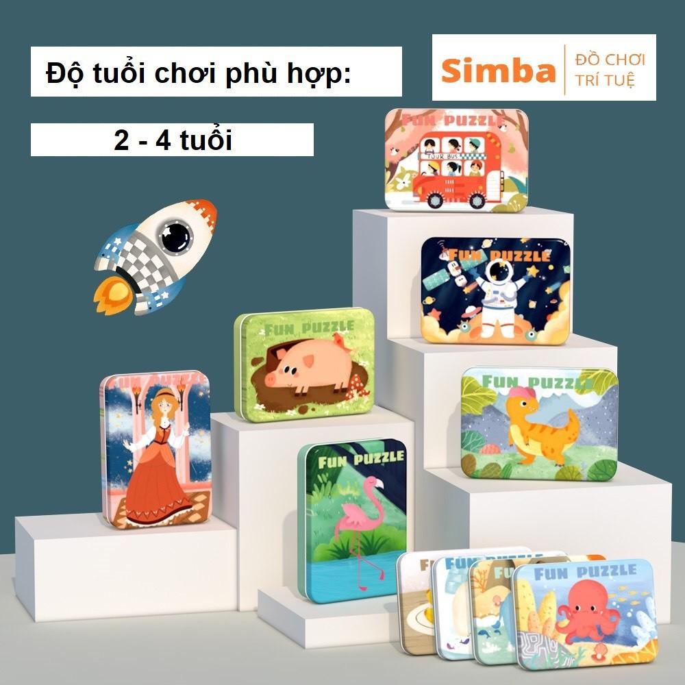 Xếp hình gỗ 4-12 mảnh đồ chơi xếp hình hộp thiếc nhiều chủ đề cho bé
