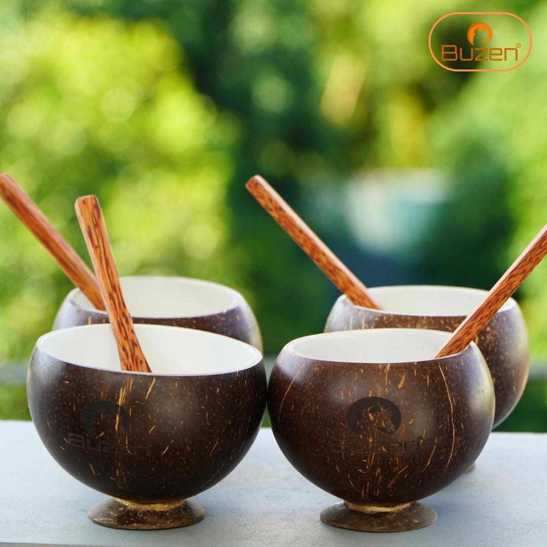 Combo 4 ly cốc gáo dừa sinh tố tráng men BUZEN