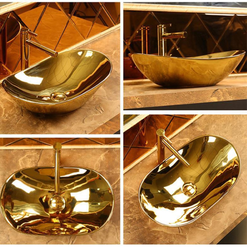 Lavabo kiểu thuyền màu vàng gold sang trọng, thiết kế theo phong cách hoàng gia