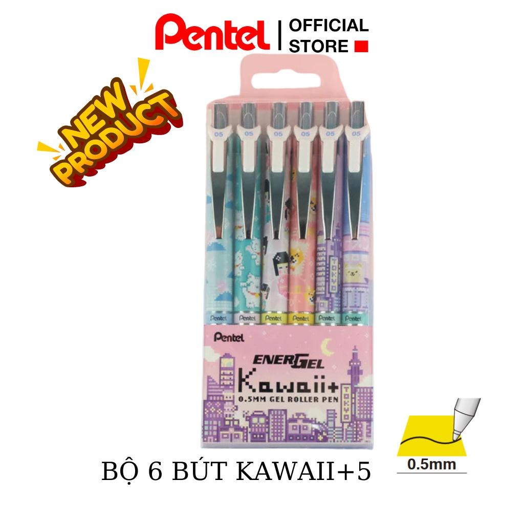 Bộ 6 Bút Gel Pentel EnerGel Kawaii+5 Pixel Art BLN75KW | Trơn Mượt Siêu Nhanh Khô