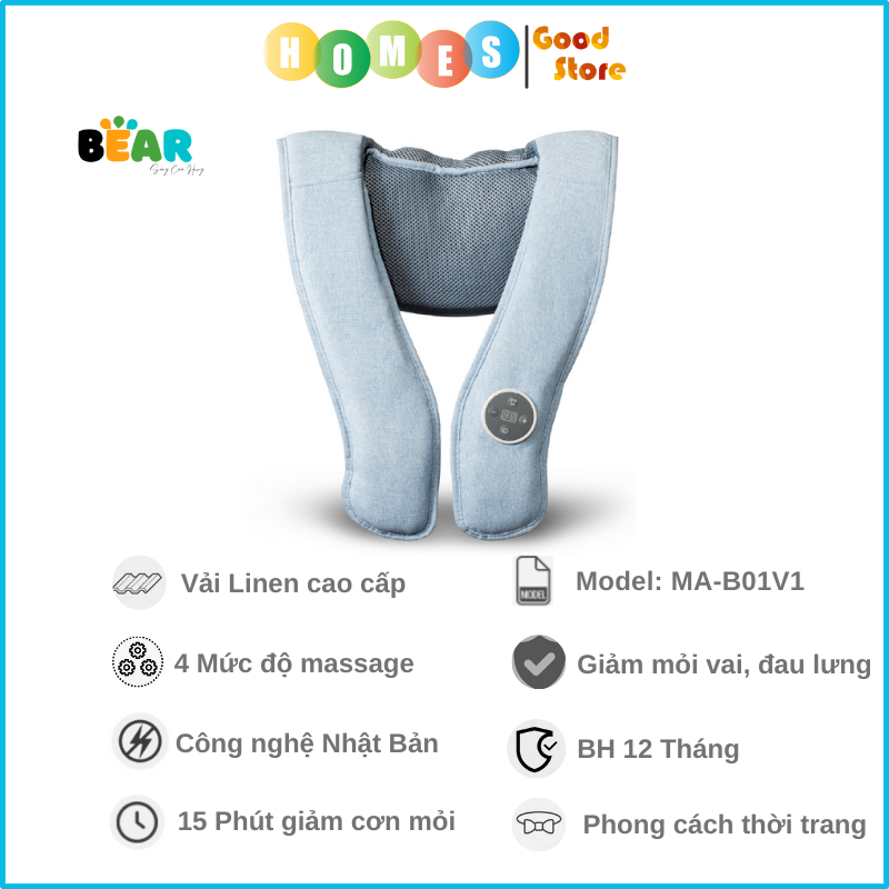 Máy Massage, Máy Đấm Lưng BEAR MA-B01V1 Gồm 4 Kỹ Thuật Đấm Lưng, 16 Cường Độ Massage Như Người Thật - Bảo Hành 18 Tháng - Hàng Chính Hãng