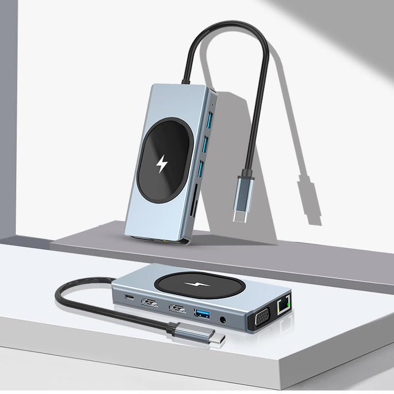 Bộ Chia Cổng Sạc Type c 12 Trong 1 Sang HDMI * 2 4K VGA USB3.0 100W PD / TF2.0 RJ45 1000M 3.5mm Cho Macbook M1 Laptop Điện Thoại