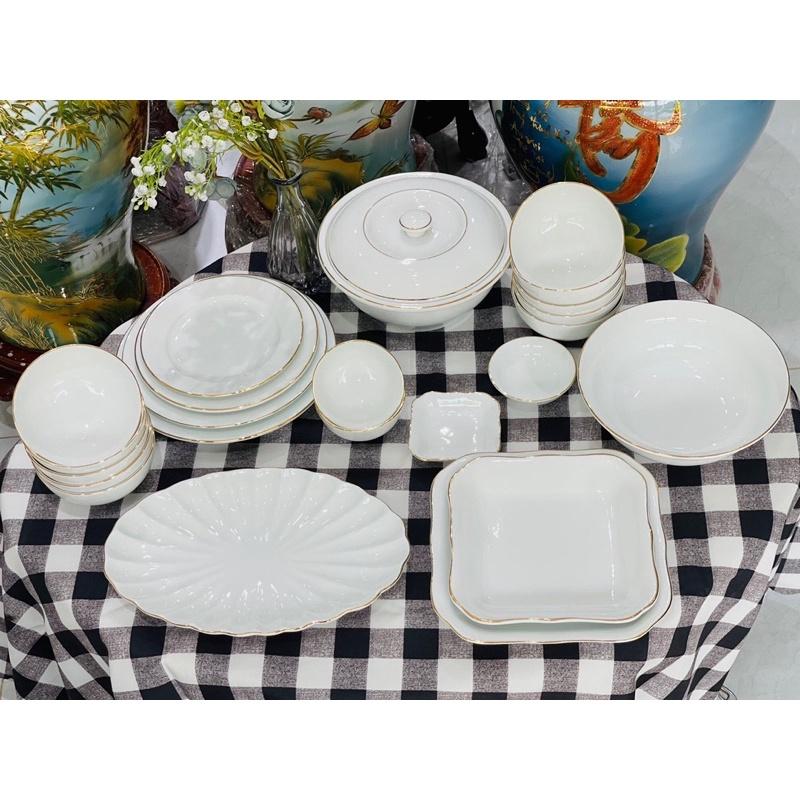 Set bát đĩa men trắng ngọc vẽ vàng. Gốm sứ Bát Tràng.