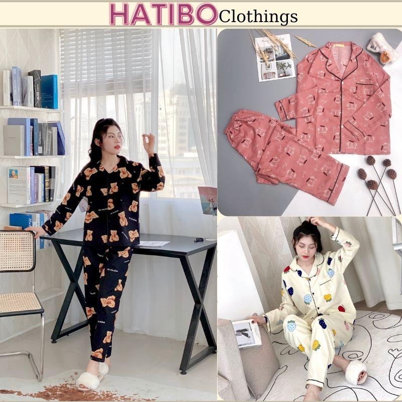 Đồ ngủ pijama nữ dáng dài tay chất kate thái cao cấp, Bộ quần áo mặc nhà pyjama- pizama HATIBO