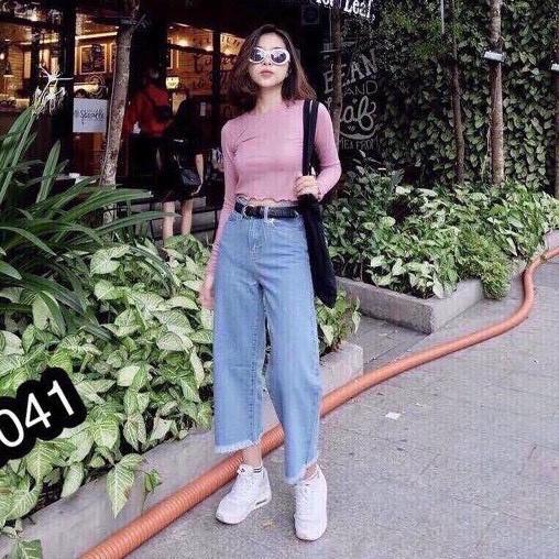 Quần bò nữ ống rộng tua gấu