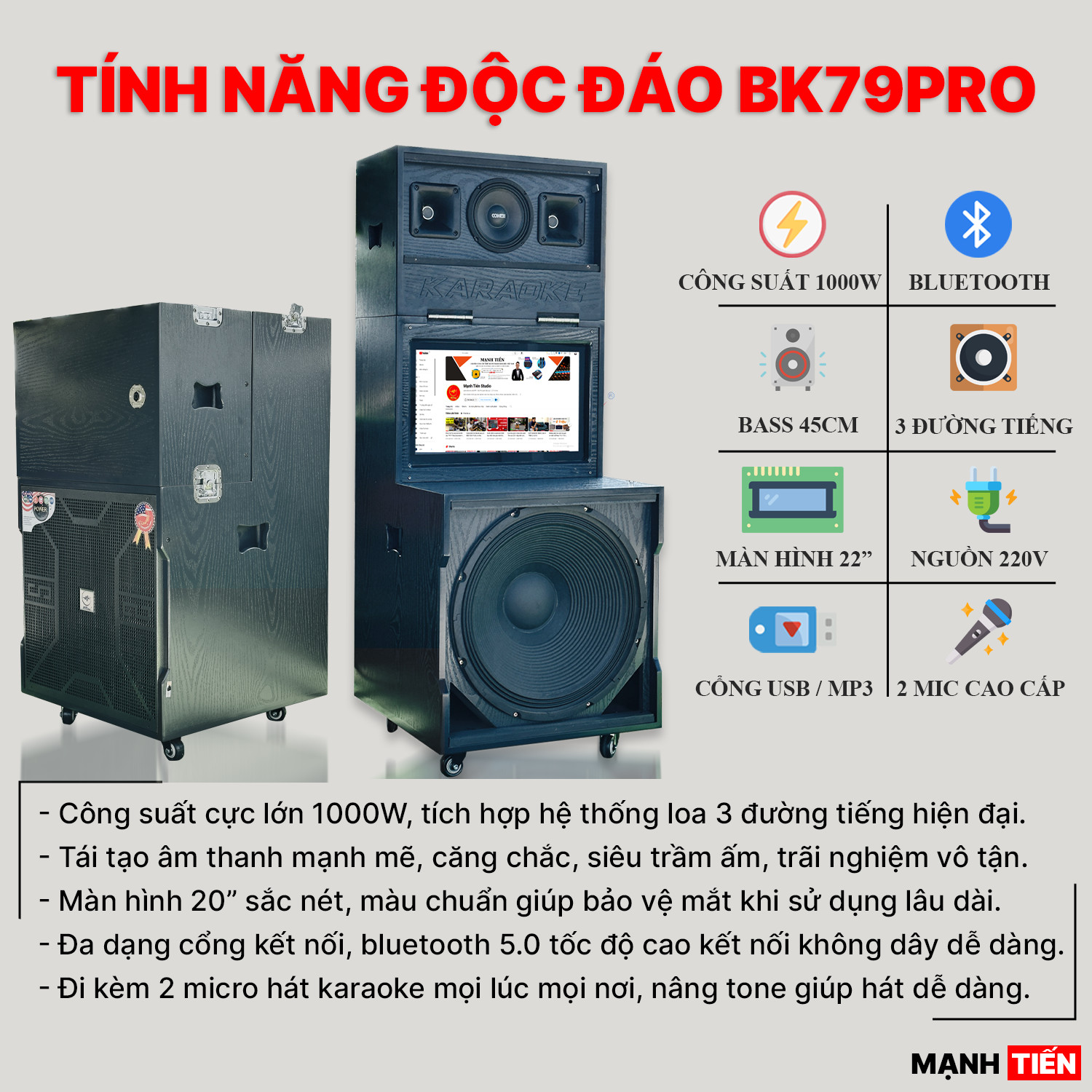 Siêu Phẩm Loa Màn Hình 22'' MTMAX BK79PRO - Loa Karaoke Mới Nhất 2024, Loa 3 Đường Tiếng Công Suất Lớn 1000W, Bass Siêu Trầm 45CM, Đi Kèm 2 Micro Không HÀNG CHÍNH HÃNG Dây, Bảo Hành 12 Tháng