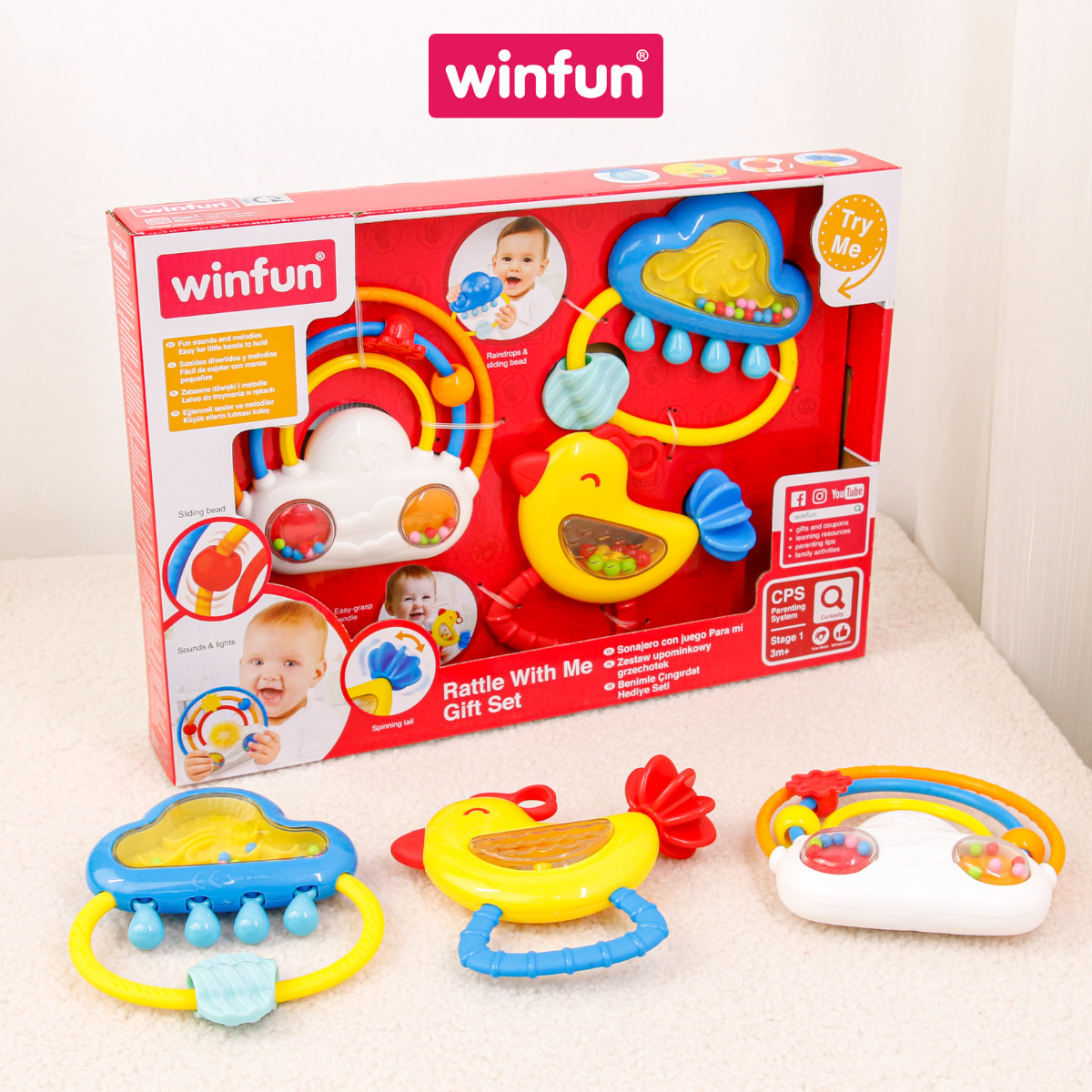 Set 3 đồ chơi xúc xắc cầm tay, gặm nướu chủ đề cầu vồng và mưa Winfun 3030-NL