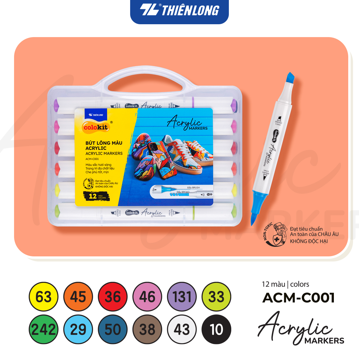 Bút sơn/ Bút lông 12/24/36 màu - Acrylic Markers 2 đầu ngòi ThiênLong Colokit - Màu sắc tươi sáng Trang trí đa chất liệu