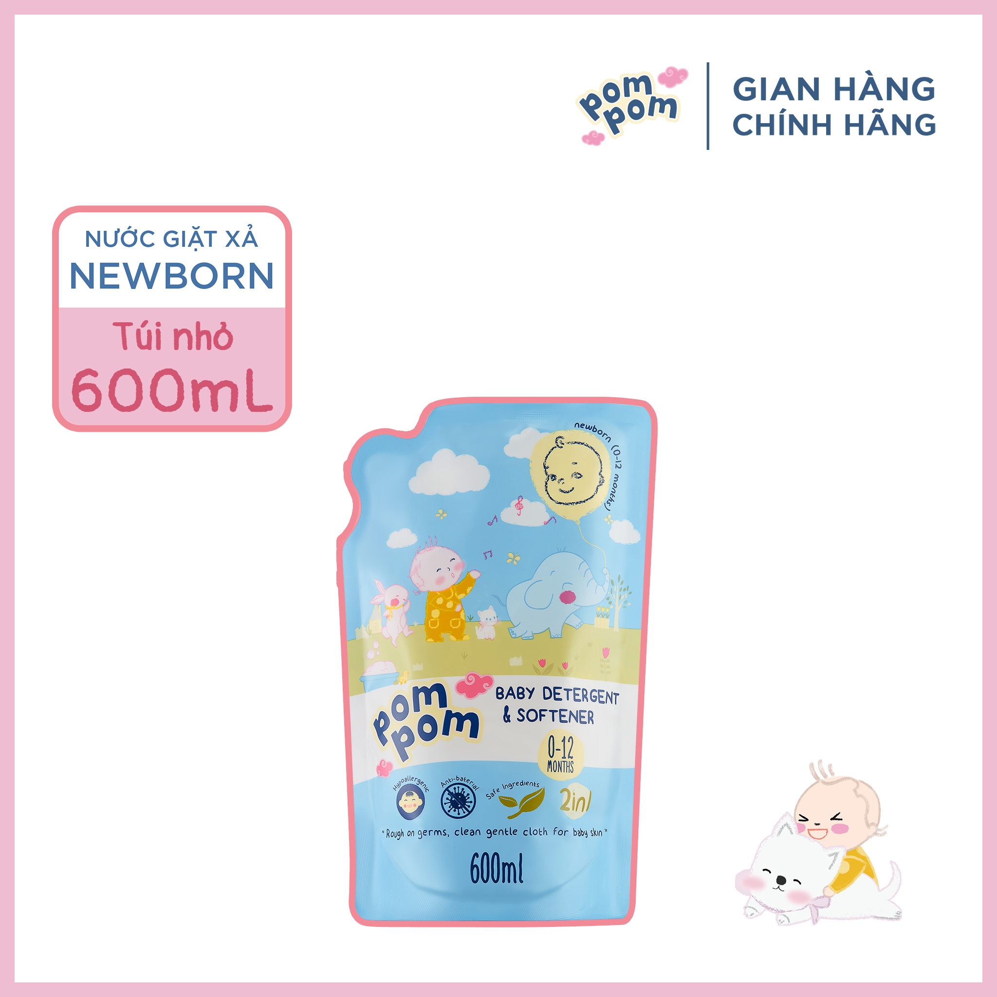 Túi Nước Giặt Xả Cho Bé 12-36 Tháng Tuổi Pom Pom Active 600ml