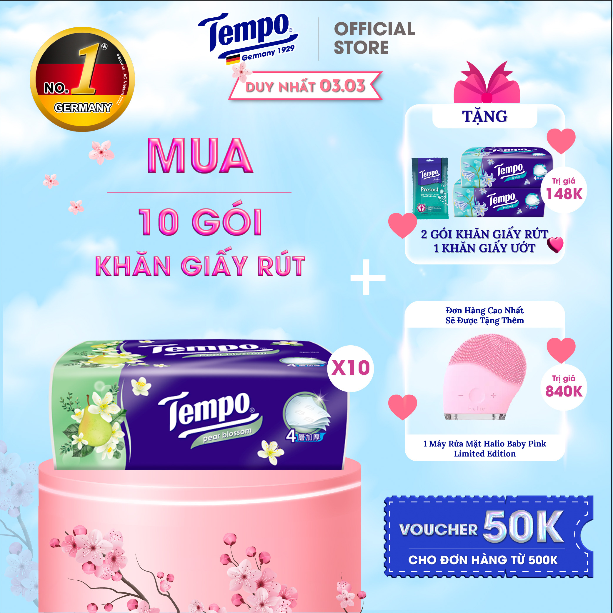 [MUA 10 GÓI TẶNG 1 GÓI + 1 BĂNG ĐÔ THỎ] Khăn Giấy Rút Cao cấp Tempo - 4 Lớp Bền Dai, An Toàn Cho Da - Thương Hiệu Đức