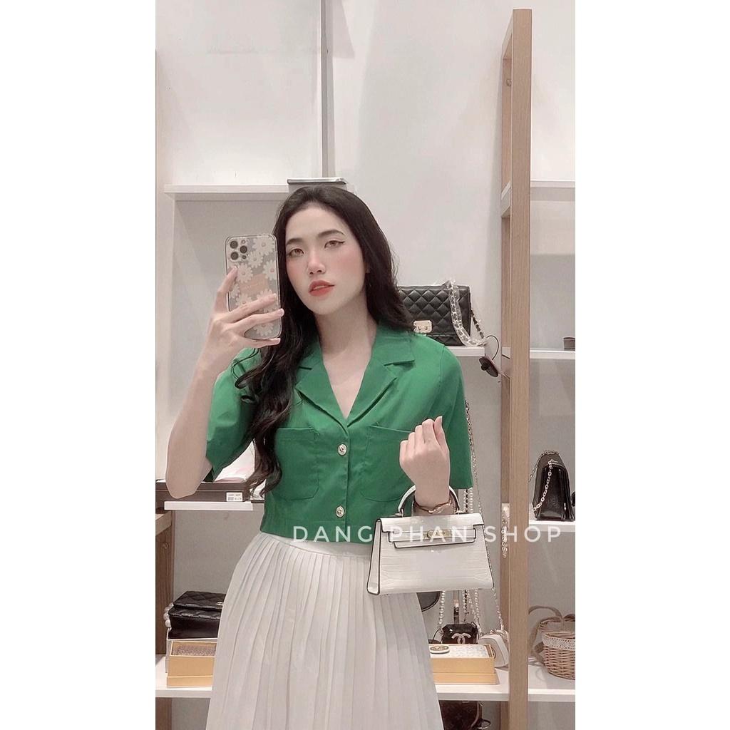 Set Áo Cổ Vest Croptop Túi Hộp Mix Chân Váy Xếp Li Trắng Dài