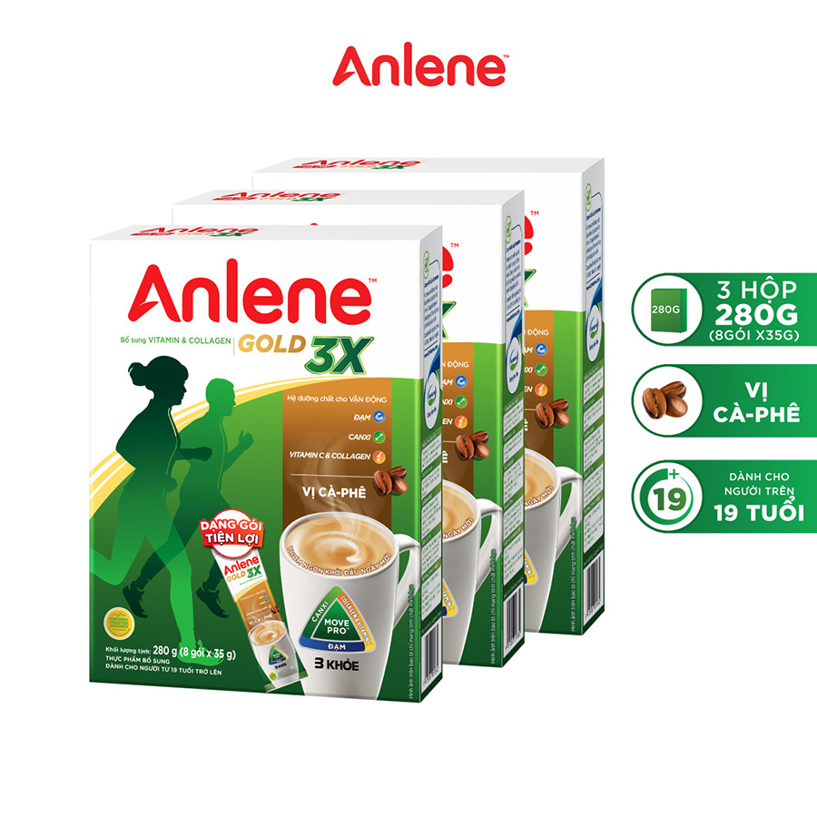 Combo 3 Sữa Bột Anlene Gold 3X vị Cà phê (Hộp giấy 280g)