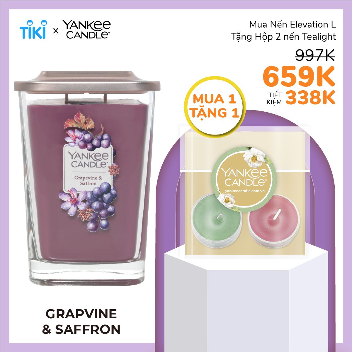 Nến ly vuông Elevation Yankee Candle size L - Grapvine &amp; Saffron (552g)